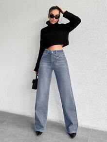 SHEIN Cottnline Casual Commuter High Waist Straight-Leg Washed Jeans - Light Wash - View 5