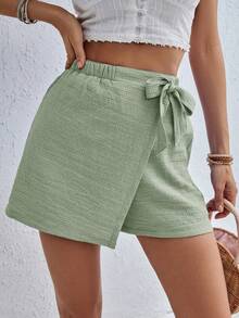 SHEIN Essnce تنورة قصيرة من قماش مُنسَّج أسود فضفاضة مريحة للنساء البدينات في الربيع والصيف، ملابس سفلية للنساء، ملابس صيفية للنساء، ملابس شاطئية للمرأة، ملابس عطلات للمرأة، بنطلونات فضفاضة، بنطلونات منحنية - أخضر نعناع - مشاهدة 3