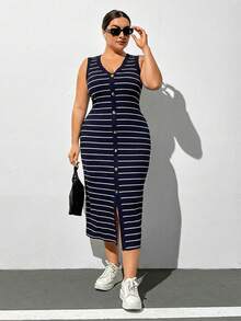 SHEIN Essnce 大码条纹极简无袖休闲连衣裙 - 藍色 - 查看 5