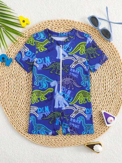 Newborn Baby1piece,Dinosaur Print,Round Collar,Short Sleeves,One-Pieces  Swimwear,Travel,Relax,Sunbathing,Water-Resistant,Sun,Summer,Anti-Uv,Sun Protection,Swim,Beach,Sea,Holiday,Vacationsummer