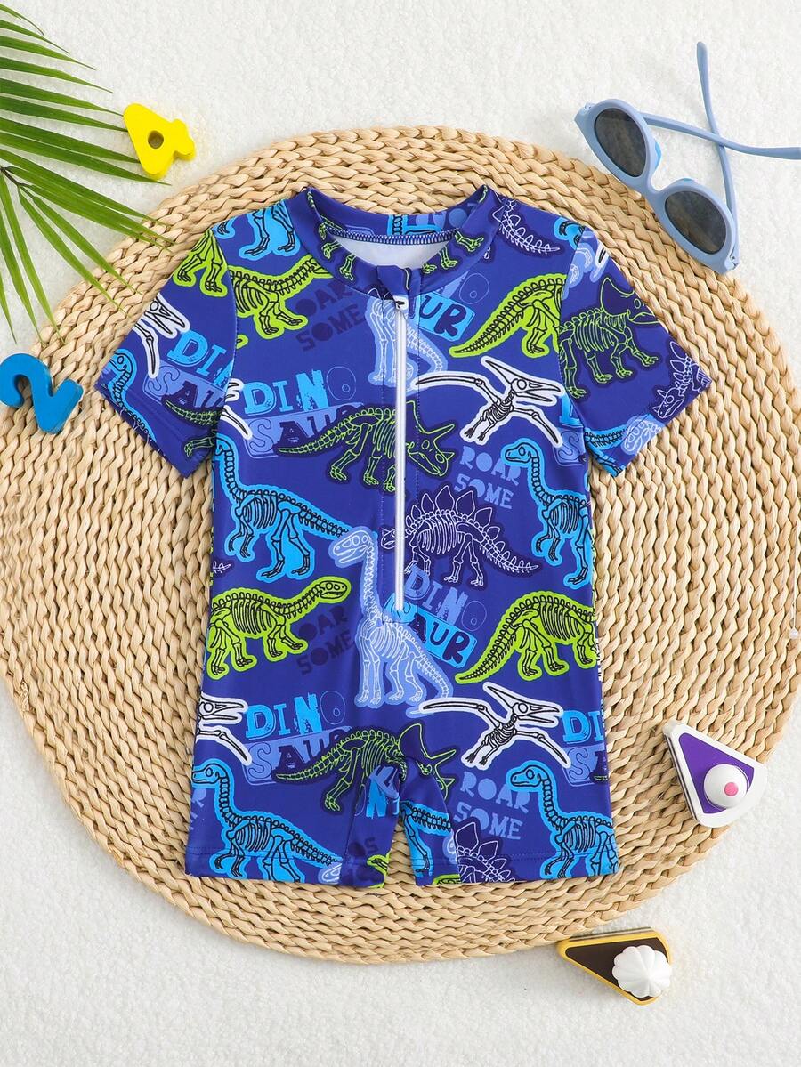 Newborn Baby1piece,Dinosaur Print,Round Collar,Short Sleeves,One-Pieces  Swimwear,Travel,Relax,Sunbathing,Water-Resistant,Sun,Summer,Anti-Uv,Sun Protection,Swim,Beach,Sea,Holiday,Vacationsummer