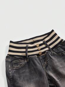 ROMWE Grunge Punk Y2K 风喇叭腰部拼接低腰女式七分牛仔裤 - 灰色 - 查看 3