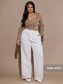 SHEIN BAE Plus Size Women's Black Long Sleeve Crossover Neck Ruched Bodysuit - Brown - View 6