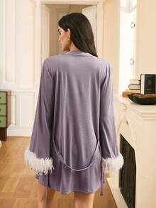 Moireta Women's Fuzzy Patchwork Long Sleeve Robe And Slip Dress,Elegant 2 Piece Lavender Pajama Set,Autumn Lounge Sleepwear,Soft Summer Colour Palette - Purple - View 2
