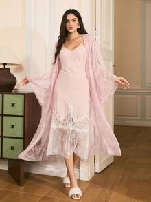 SHEIN 女士蕾丝长袖睡袍和吊带连衣裙优雅睡衣套装 - 粉色 - 查看 3
