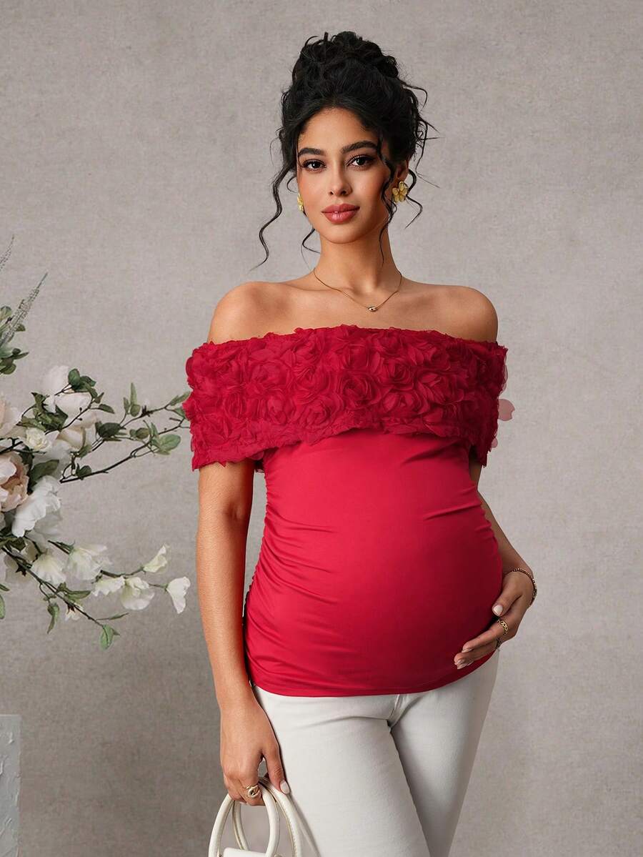 Momance Maternity 3D Rose Flower Off-Shoulder Fitted T-Shirt