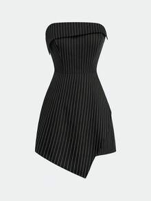 Sweetra 两件套加大码女式复古休闲学院风套装：条纹长袖西装外套、常规外套、条纹夹克、休闲外套、职业装外套和无袖连体裤，适合春季、秋季及所有季节穿着。 - 彩色 - 查看 4