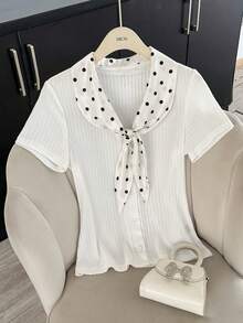GlowEve 女士波点蝴蝶结拼接罗纹针织修身T恤 - 白色 - 查看 4