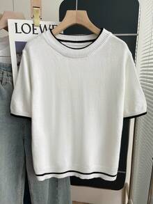 男士休闲撞色滚边圆领短袖针织上衣 - 白色 - 查看 3