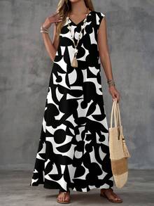 EMERY ROSE Women's Casual Geometric V-Neck Dress, Suitable For Spring/Summer - Multicolor - View 3