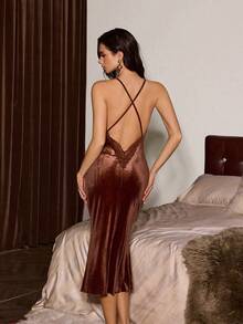 SHEIN Women's Mature & Sexy Lace Patchwork Deep V-Neck Backless Velvet Camisole Nightgown - Brown - View 1