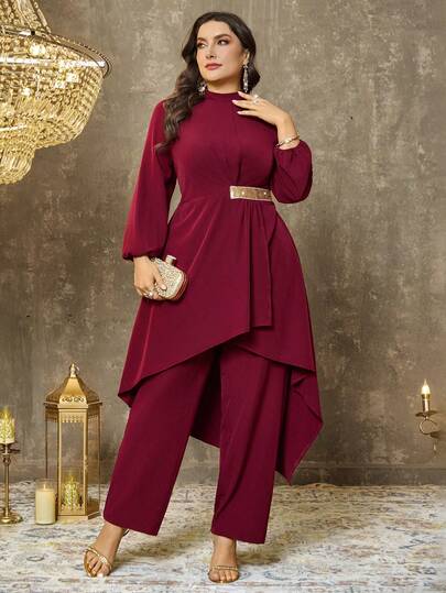 EMERY ROSE Plusstorlek 2-delars set, elegant klänning med axelutskärning och rynkad midja, rund hals, bekväm och smickrande för formella tillfällen, bröllop, dejter