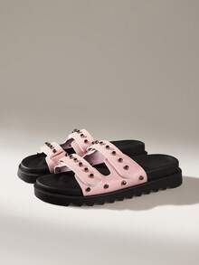 Solecia 女士铆钉装饰时尚厚底凉鞋，圣诞节必备 - 藕粉色 - 查看 2