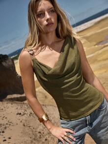 MOTF STUDIO WOMEN'S KNITTED ELASTIC BUCKLE STRAP DRAPED NECK TANK TOP