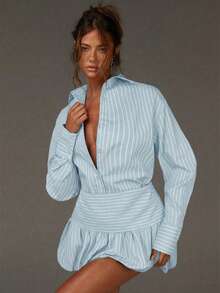 Athîral Casual Sets For Women,Fall Outfits For Women,Brown Bubble Skirt And Blouses,Brown Stripes - Baby Blue - View 6