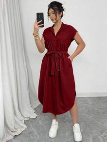 Elenzga Plus Size Women's Elegant Alice Fabric Shirt Collar Raglan Sleeve Waist Tie Bow Wooden Button Spring/Summer New Versatile Casual Club Fashionable Design Dress - Burgundy - View 3