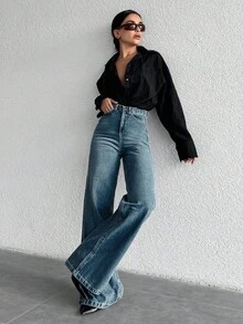 SHEIN 100%Cotton High Waist Wide Leg Jeans PETİTE - Dusty Blue - View 4