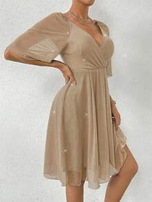 Rafferiza Mesh Embossed Ruffle Sleeve Waist Cinched Mini Dress - Khaki - View 6