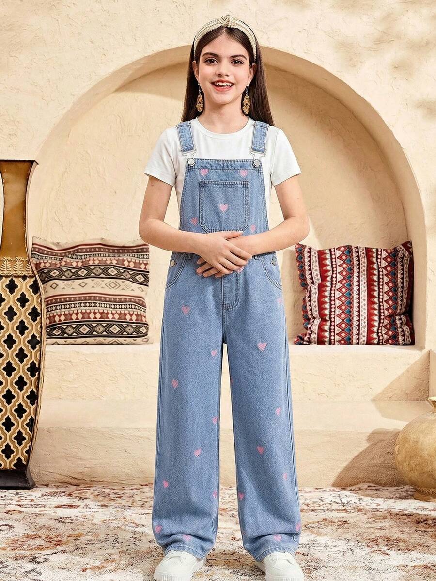 SHEIN 少女时尚休闲 Y2K 复古酷炫街头心形刺绣图案蓝色牛仔宽松背带裤，适合少女日常穿着、春夏派对装、节日装和街头服饰。 - 藍色 - 查看 1