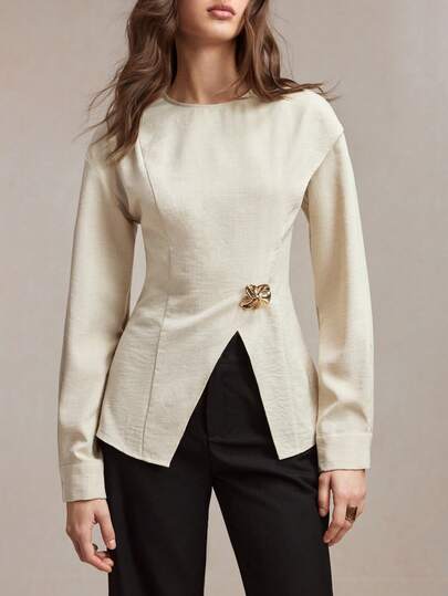 BizChic Apricot Round Neck Asymmetric Hem Metal Decor Blouse, Modern Elegant Urban Commute Casual Romantic 90s Retro Christmas New Year Outfit, Suitable For Valentine's Day Party, Beach, Graduation, Fashion Carnival, Holiday, Wedding Guest, Suitable For Outing, Party, Concert, Brunch, Airport