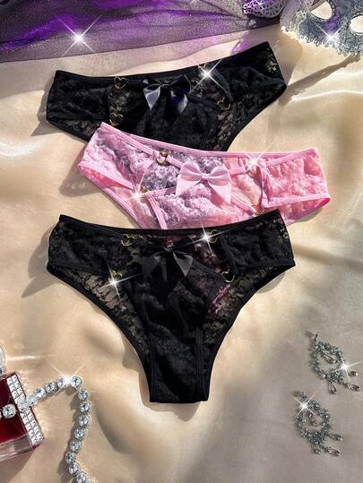 3条装舒适优雅心形装饰性感蕾丝花卉女士内裤