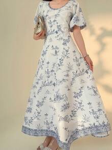 DAZY Women's Graphic Print Round Neck Puff Sleeve Elegant Dress - Blue - View 6