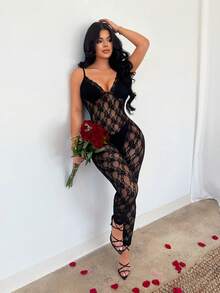SHEIN SXY Women's Sexy Sleeveless Black Knitted Unitard With Plant Pattern Detail - Black - View 4