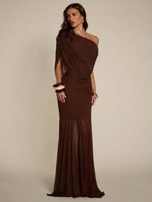 SHEIN BAE 女士纯色褶皱不对称下摆修身连衣裙 - 棕色 - 查看 6