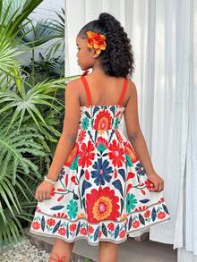 Tween Girls Elegant Pink Dress, Rose Flower Print Spaghetti Strap Ruffle Hem Bow Shoulder A-Line Dress, Suitable For Vacation, School, Outings, Spring/Summer - Multicolor - View 2