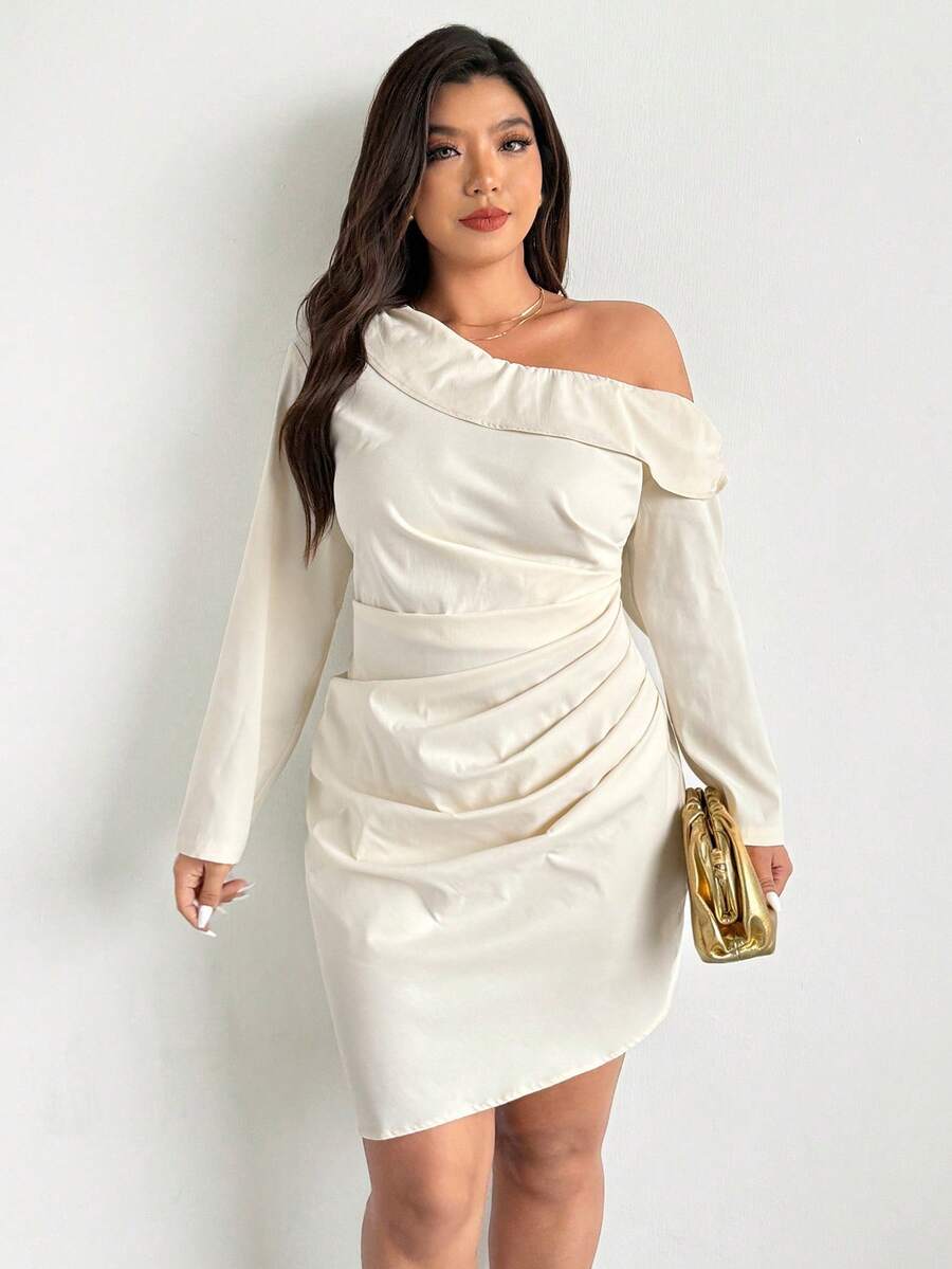 Firerie 大码女式纯色斜肩褶皱设计长袖时尚连衣裙 - 米色 - 查看 1