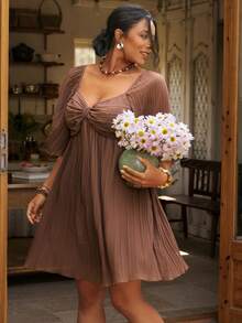 Freevana 大码女式纯色心形领口插肩袖休闲连衣裙，乡村风女装，节日女装，夏季连衣裙，情人节复古风 - 咖啡棕 - 查看 5