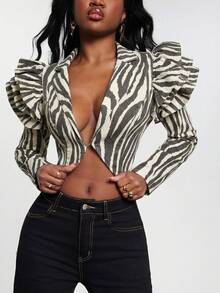 NYA SZN Destiny 短款拼接长袖牛仔外套，荷叶边袖，弹力深色水洗，适合办公室、商务休闲、日常穿着、音乐会、西部牛仔、特殊活动、派对等场合，尽显优雅气质，是秋冬季节嘉年华的理想之选。 - 彩色 - 查看 2