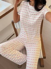 SHEIN Napfluff Women's Jacquard Ribbed Heart Pattern Short Sleeve Pants Casual Pajama Set - White - View 3