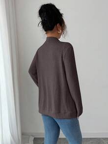 SHEIN PETITE 女士休闲罗纹抓绒开襟侧袋短款轻薄外套 女士开衫 薄款开衫 女士开衫 女士开衫 - 摩卡棕 - 查看 2