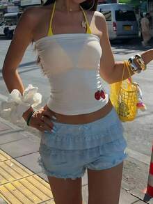 Sundraya Women's Casual Cherry Print Cropped Tube Top, Summer Holiday Style - White - View 3