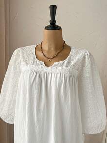 Rusticease Plus Size Women's Summer Boho White Blouse,100% Cotton Eyelet Embroidered Notched Collar Loose Fit Top,Casual Vacation Holiday Daily Wear - White - View 6