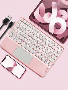 Teckwe 1 Pack Abs Material Bluetooth Round Keycap Keyboard With Silent Touchpad Ergonomic 1mm Key Travel Multi Device Compatible Wireless Portable With Sleep Mode Black Wireless Touch Keyboard For Office Business Trip Working Students Back To School Home Use Quiet Compact Universal For Ipad Tablet Phone