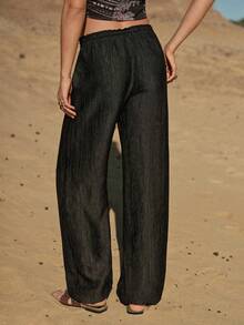 MOTF STUDIO 女士弹力腰带抽绳波西米亚风长裤，春夏款 - 黑色 - 查看 2