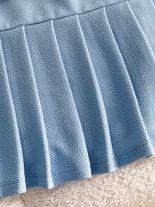 SHEIN Elladie kids Rochie preadolescentă cu mânecă scurtă, plisată, cu fundă, croială lejeră, primăvară/vară - Albastru - Vizualizare 5