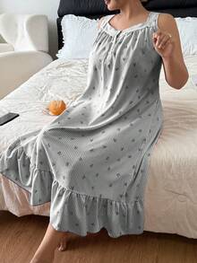 SHEIN Dream Adore 条纹蝴蝶结无袖加大码女士睡裙 - 黑色 - 查看 3