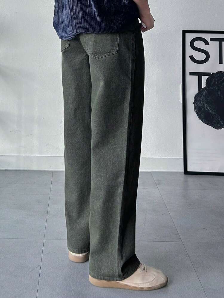 Men's Washed Vintage Military Green Denim Jeans, Spring