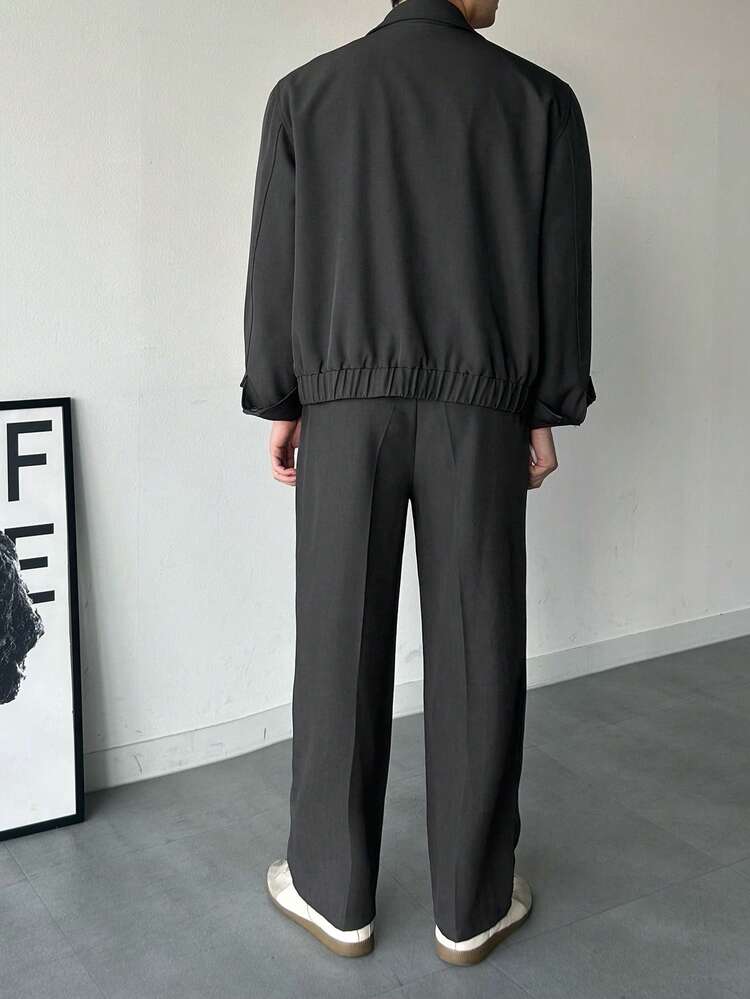 Men's Solid Color Zip Front Long Sleeve Jacket And Pants Casual Suit, Spring/Autumn