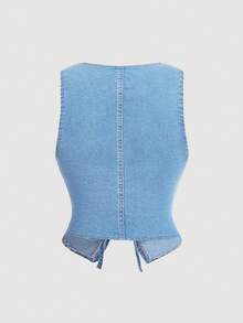 SHEIN MOD 女士70年代休闲修身牛仔背心，系带蝴蝶结，蓝色 - 淺色水洗藍 - 查看 2