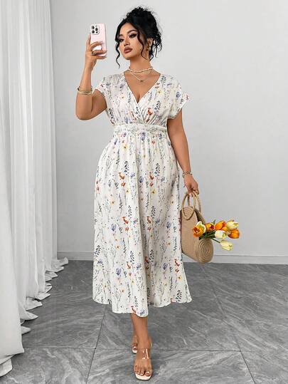 Elenzga Plus Size V-Neck Floral Print Puff Sleeve A-Line Elegant Dress For Women, Spring/Summer
