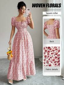 Elenzga New Women's Digital Print Puff Sleeve Tie Front Backless Waist Cinched Dress, Elegant & Chic For Vacation, Date, Flattering & Slimming - Watermelon Pink - View 7