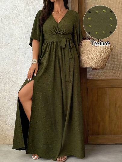 Weeklong Plus Size Women V-Neck Flare Short Sleeve Tie Waist Ruched Slit Elegant Party Dress