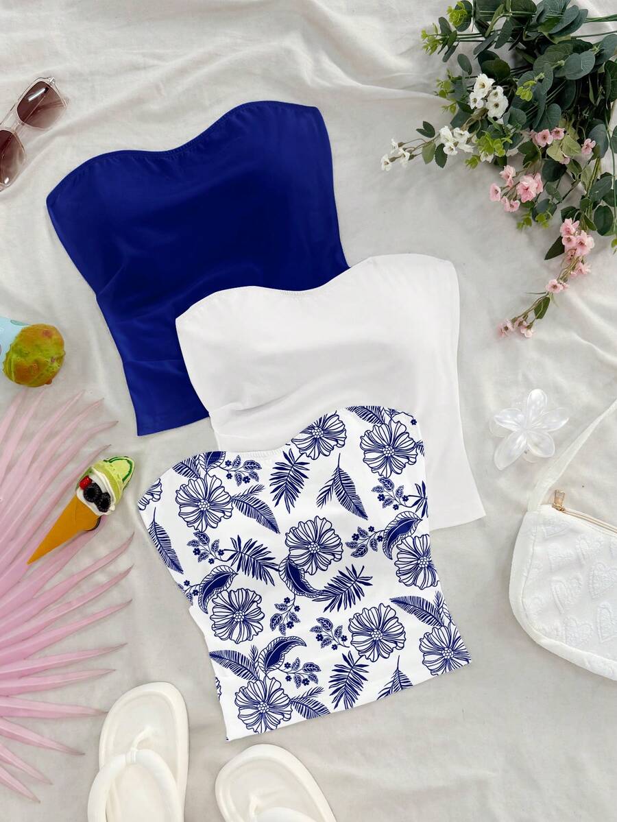 Soleia Bộ 3 áo hai dây crop top nữ phong cách bohemian thanh lịch cổ điển in họa tiết hoa lá, thích hợp cho mùa xuân/hè. - Nhiều màu - Xem 1