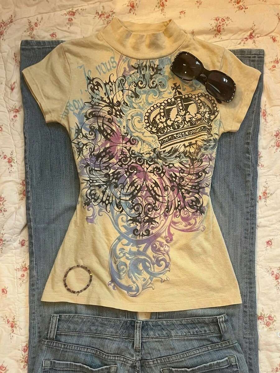 Attitoon Áo thun nữ dáng ôm, cổ cao, vai thẳng, tay ngắn, phong cách retro punk Y2K đa năng, thích hợp cho tiệc tùng hoặc sân bay. Họa tiết in loang màu sắc sặc sỡ, thoải mái cho mùa xuân/hè. - Nhiều màu - Xem 1