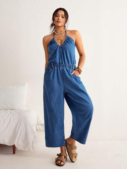 Freevana 大码女士性感休闲沙滩度假风弹力腰侧口袋露背系带牛仔连体裤