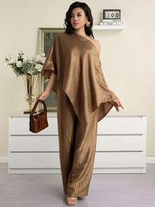 Modelyn 女士纯色不对称下摆蝙蝠袖上衣和阔腿裤时尚两件套 - 咖啡棕 - 查看 5